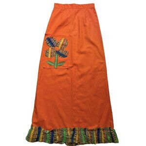 VTG 60s Handmade Floor Length Flower Power Hippy Boho Orange Maxi Skirt Women’s